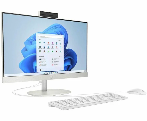 A stylish HP 27-cr0039 All-in-One PC in Shell White featuring a 27-inch FHD IPS three-sided micro-edge display.