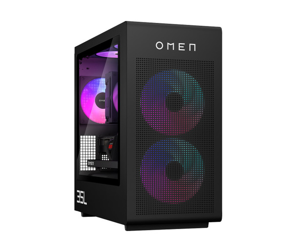 The front panel highlights the signature OMEN diamond logo with customized RGB lighting.