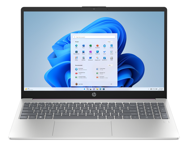 Open HP 15-fc0508ds notebook highlighting the Natural Silver matte finish on the keyboard deck.