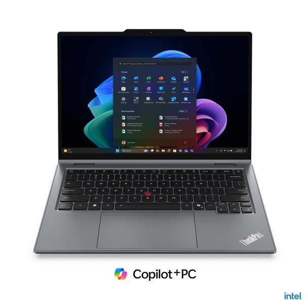 Front wide-angle view of the new Lenovo ThinkPad X1 2-in-1 Gen 11 Aura Edition 14-inch convertible Copilot+ PC in sleek Grey aluminum finish, positioned in standard clamshell layout.