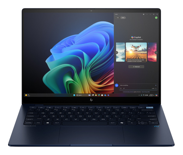 New HP EliteBook Ultra touchscreen AI laptop open in Darker Atmospheric Blue displaying its crisp 14 inch workspace.
