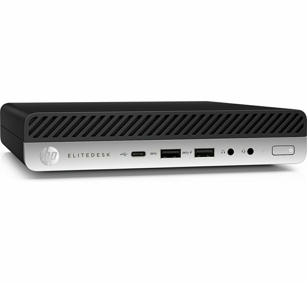 HP EliteDesk 800 G5 Mini Desktop PC – Front view showing ultra-compact chassis, power button, USB-C, and USB-A front ports