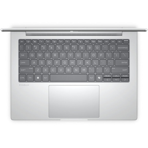 Overhead view highlighting the full-size backlit spill-resistant premium keyboard, multi-touch clickpad, and biometric fingerprint scanner.