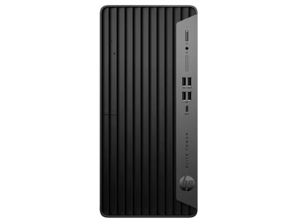 Front view of the professional black HP EliteDesk 600 G9 Tower desktop PC showing its clean ventilation grille, front-facing ports, and sleek enterprise design.