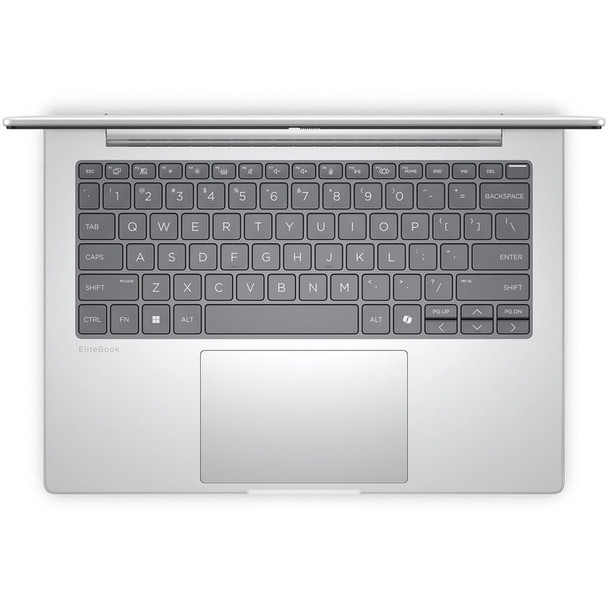 Top down view of spill resistant premium backlit keyboard assembly with integrated multi touch clickpad and fingerprint reader.