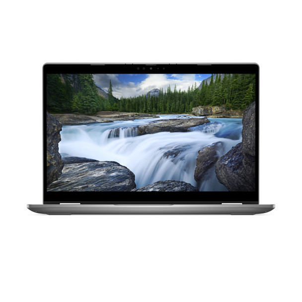 Front angle view of the Dell Latitude 3340 2-in-1 laptop in laptop mode, showcasing its glossy 13.3-inch FHD touchscreen display.