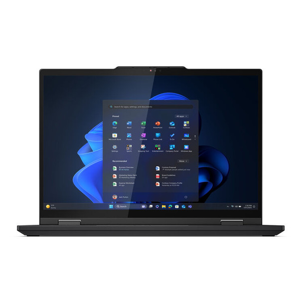 Front angle view of the Lenovo ThinkPad T14s 2-in-1 Gen 1 convertible laptop in black finish.