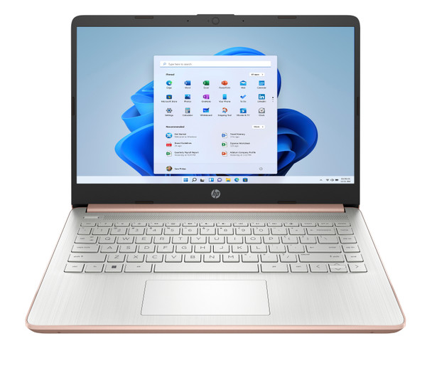 Front view of the pale rose gold HP 14-dq3280nr notebook highlighting its active 14-inch responsive HD touchscreen interface.
