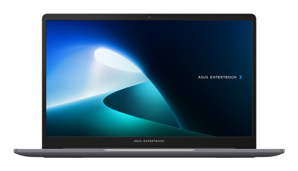 Front view of the misty grey ASUS ExpertBook P1 laptop open showing the anti-glare screen and Windows 11 Pro desktop.