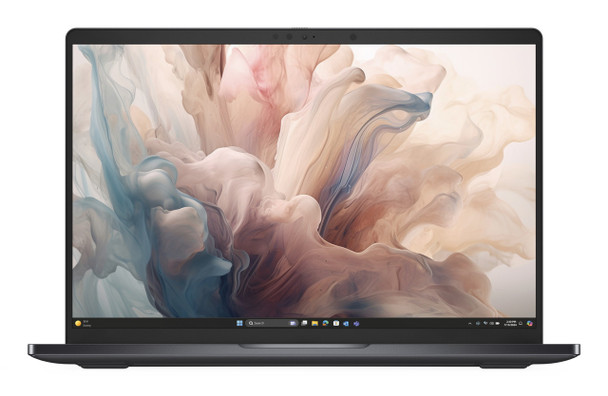 Front perspective view of the magnetite Dell Pro 14 AI business laptop open displaying the 14-inch anti-glare FHD+ screen.