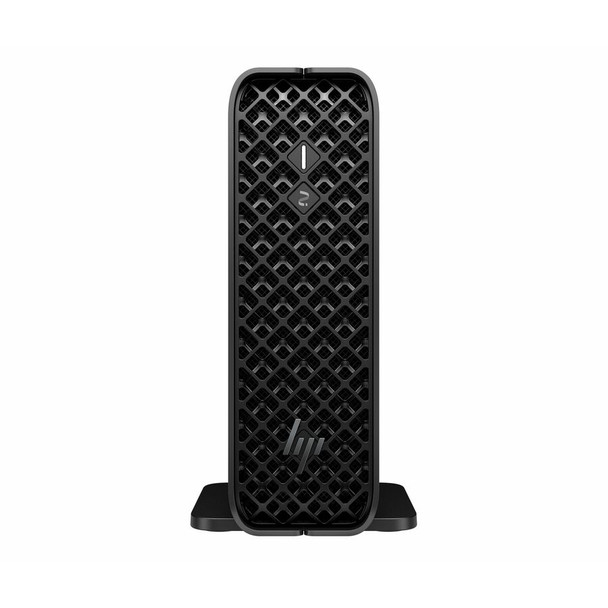 Front perspective view of the black compact HP Z2 Mini G1i Workstation Desktop PC chassis.