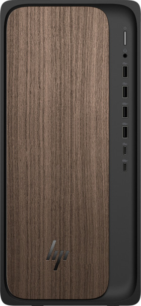 HP OmniDesk M03-0074 Desktop PC – Front view showing Dark Wood accent panel and front I/O ports
