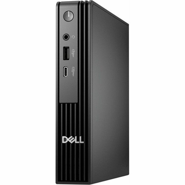 Dell Pro Micro QCM1250 AI Desktop – Front Angle View Showing Ultra-Compact Micro Chassis and Front I/O Ports