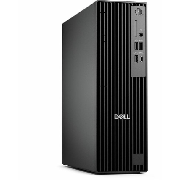 Dell Pro Slim QBS1250 SFF Desktop – Front Angle View Showing Black Compact Chassis, Optical Drive, and Front I/O Ports