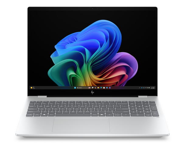 HP OmniBook 7 16-Inch 2K OLED Touchscreen Laptop – Front Open View in Silver Displaying OLED Screen