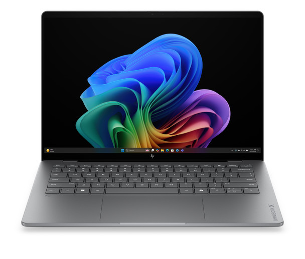 HP OmniBook X 14-Inch 2K OLED Touchscreen Laptop – Front Open View in Meteor Silver Displaying OLED Screen