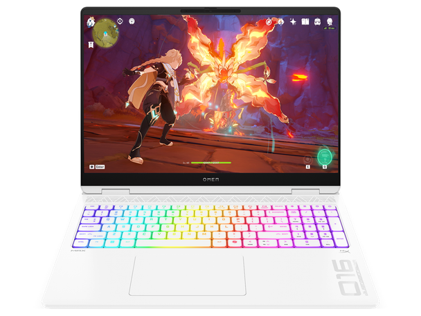 HP OMEN MAX 16-inch Gaming Laptop – Front view showing ceramic white chassis and 2.5K display