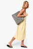 Clare V Summer Simple Tote Black/Cream Raffia full body, on shoulder