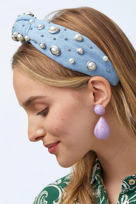 Lele Sadoughi Pearl Bezel Denim Knotted Headband on model