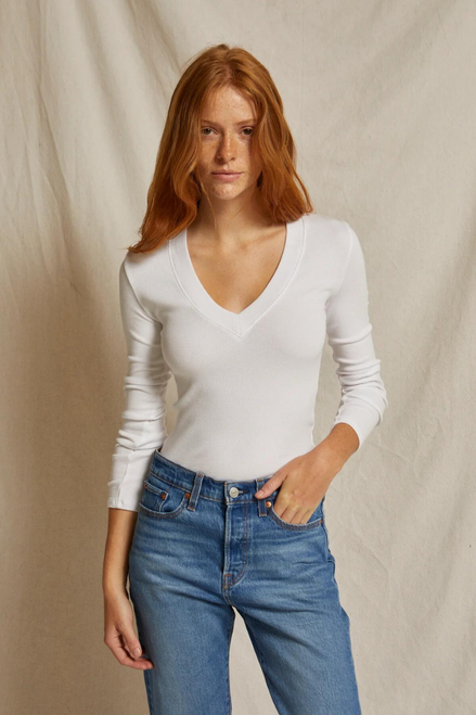 Perfect White Tee Viola V-neck Ribbed Long Sleeve front view on model
