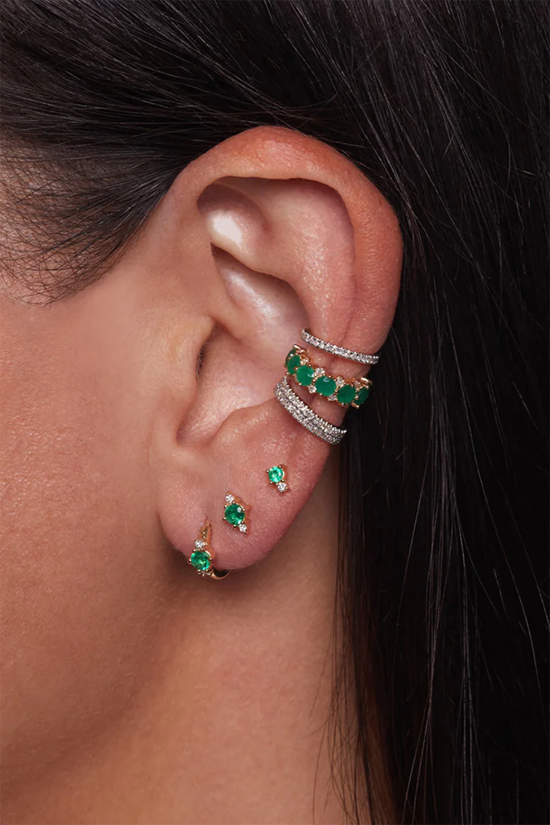 Adina Reyter Emerald + Diamond Trio Huggie Hoops On Ear