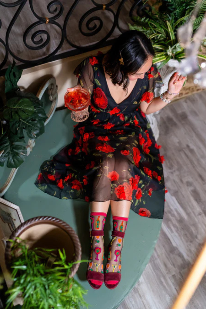 Sock Candy Cocktail Hour Black Sheer Crew full body top view