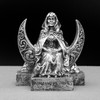 Front view of the Wiccan lunar goddess figurine designed by Paul Borda, featuring a silver-finished witch goddess seated on an engraved base