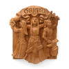 Natural wood finish Celtic Goddess Brigid wall plaque by artist Paul Borda of Dryad Design, featuring detailed carvings of the triple goddess representing poetry, smithcraft, and wellness