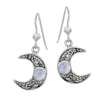 Wiccan crescent horned moon dangle earrings with Celtic knotwork and rainbow moonstone gemstones