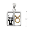 .925 sterling silver Taurus pendant with gold accents, accompanied by a measurement guide showing the square frame is 3/4 inch tall