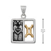 .925 sterling silver Gemini pendant with gold accents, paired with a measurement guide indicating the square frame stands 3/4 inch tall