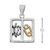.925 sterling silver Cancer pendant with gold accents, paired with a measurement guide indicating the square frame stands 3/4 inch tall