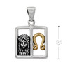 .925 sterling silver Leo pendant with gold accents, paired with a measurement guide indicating the square frame stands 3/4 inch tall
