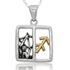 Zodiac horoscope Sagittarius pendant in premium .925 sterling silver with a gold astrological glyph, captured close-up against a crisp, white background
