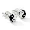Yin Yang stud earrings showcasing tiny, small .925 sterling silver craftsmanship in a minimalist round design on a clean white background