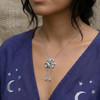 Rainbow Moonstone Triple Moon Goddess Silver Pendant with Stars