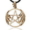 Gold pentacle necklace crafted in bronze at our witchcraft supply store, featuring an elegant open pentagram framed by detailed oak leaves against a bright white background