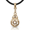 Trinity knot pentagram necklace in golden bronze, featuring an interlocking triquetra and five-pointed star hanging straight against a bright white background