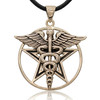 Caduceus pentacle pendant at our pagan jewelry store in a polished gold-tone bronze, featuring the winged staff of Hermes set within a classic pentagram