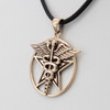 Pagan jewelry close-up angled to the left, showing the intricate details of the twin snakes and feathered wings on this bronze Hermes pentagram