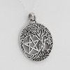 Sterling silver tree pentacle pendant, front-facing view showing the interwoven branches and large pentagram star
