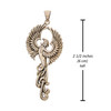 Phoenix pendant necklace showing a height measurement of 2 1/2 inches (6 cm) tall, detailing the exact dimensions of this striking bronze piece