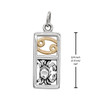 Measurement guide for a Cancer charm pendant, illustrating that the rectangular dual-metal charm is 3/4 inch, or 1.9 cm, tall