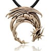 Moon dragon pendant in a polished gold-tone bronze, featuring a detailed winged dragon curled into a crescent shape, hanging straight against a bright white background