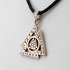 Viking pendant close-up angled to the left, emphasizing the smooth bronze finish and the Elder Futhark runes bordering the gold valknut