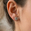 Wiccan earrings featuring the moon pentacle design, shown on a model’s ear to display the dainty stud size
