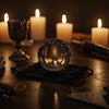 Crystal ball with Ritual Tools and Wiccan supplies in a dimly lit room.