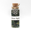 Moss agate, green witchcraft supplies for green witches image shown with spell bottle full of moss agate for earth magick