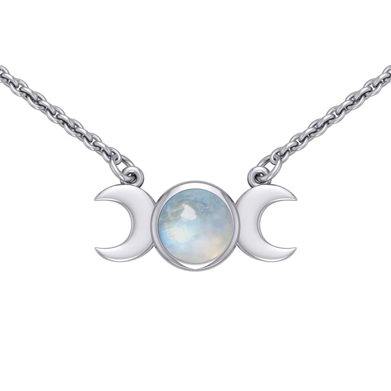 Sterling Silver Moon Phase Triple Goddess Rainbow Moonstone Necklace