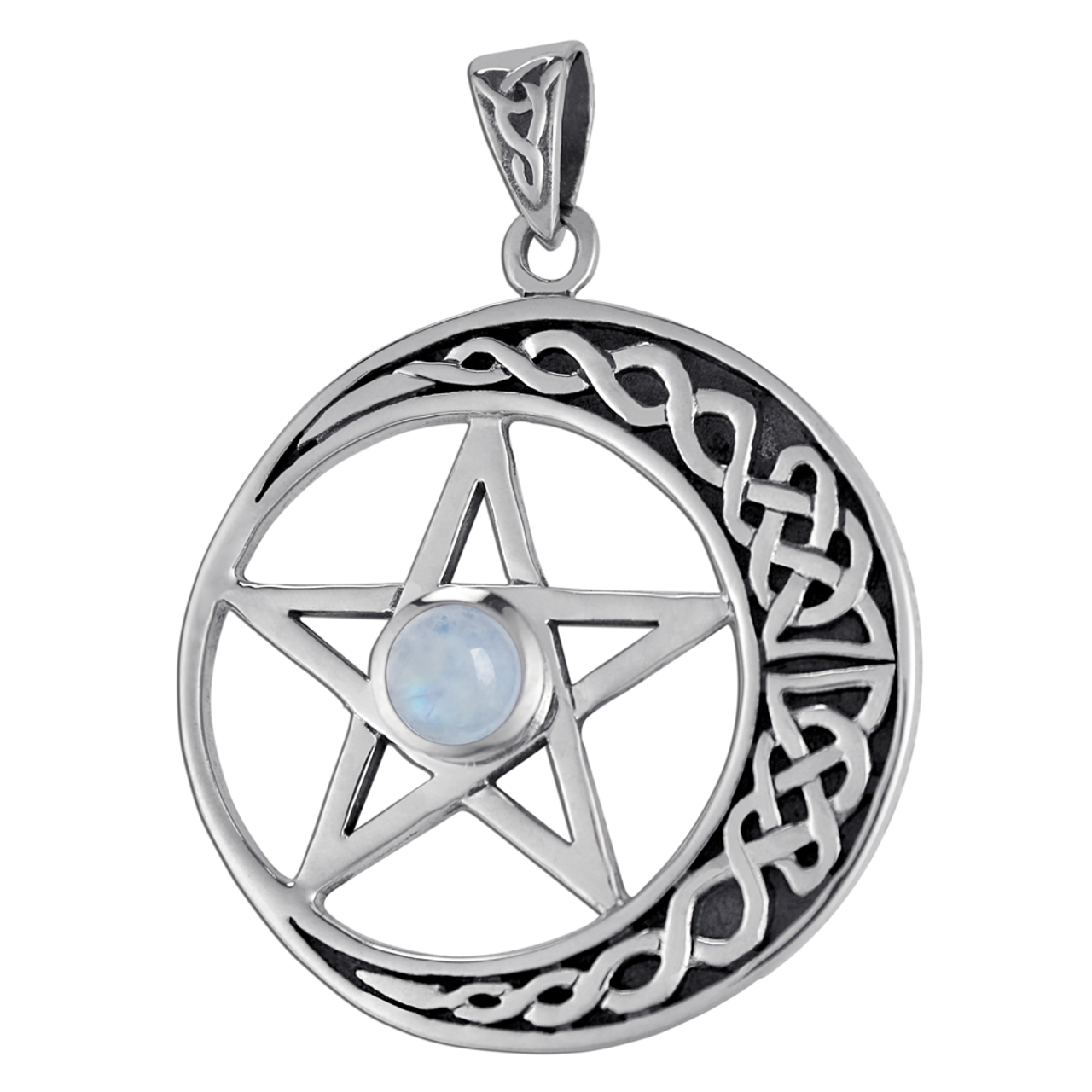 Large Celtic Crescent Moon Pentagram Pendant in Sterling Silver with  Rainbow Moonstone